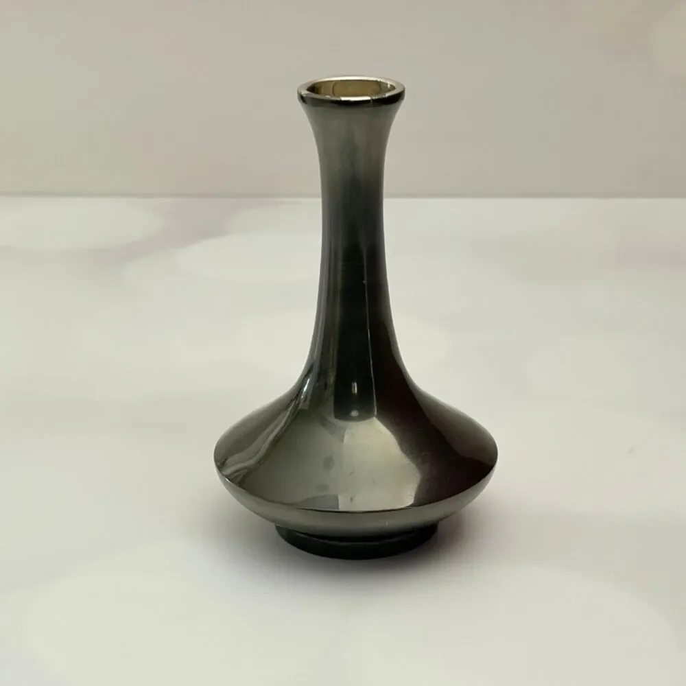 Japan Mixed Metal Bud Vase Etched Mt Fuji Pagoda Scene 4.5 Inch